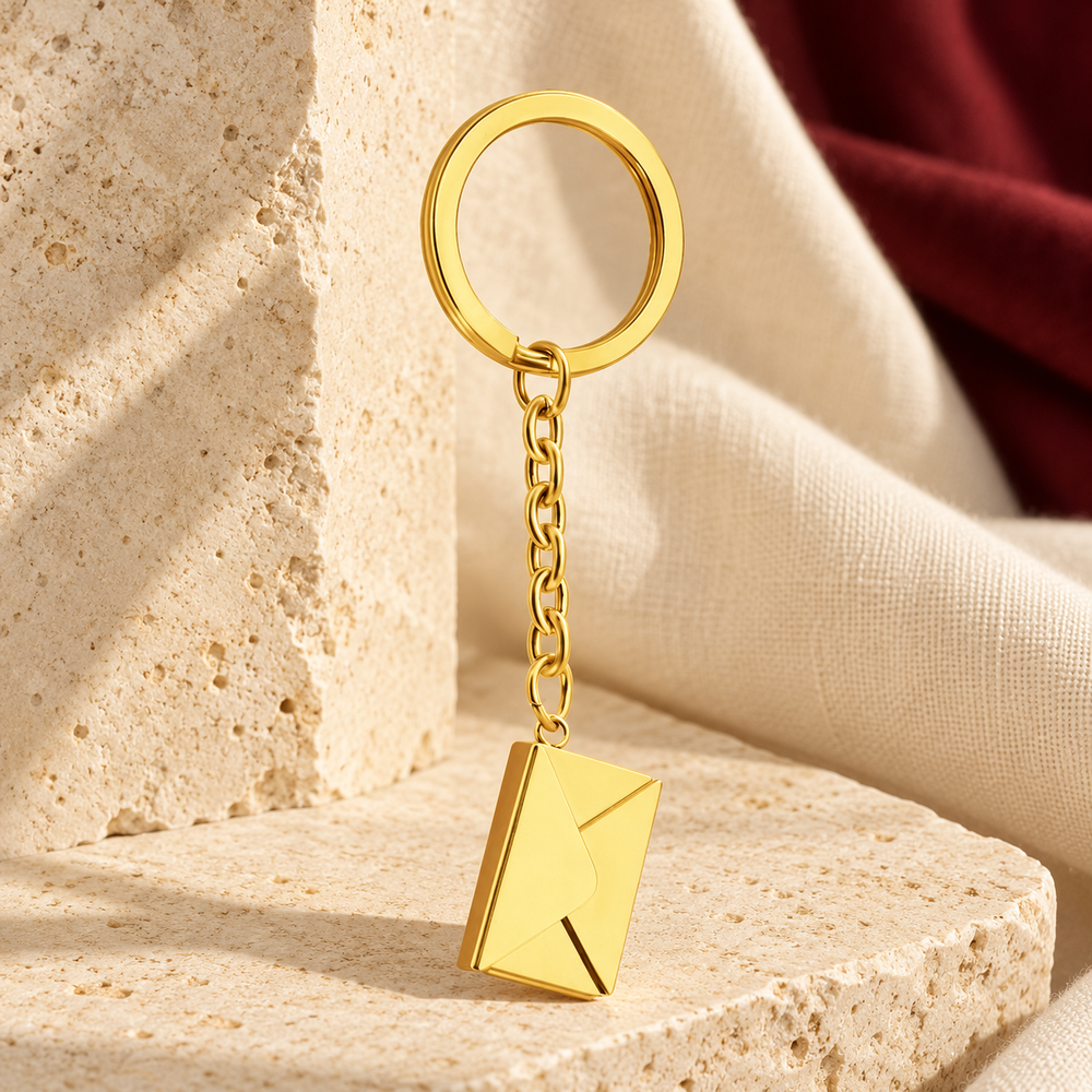 Gold-tone envelope keychain against ivory stone and burgundy fabric