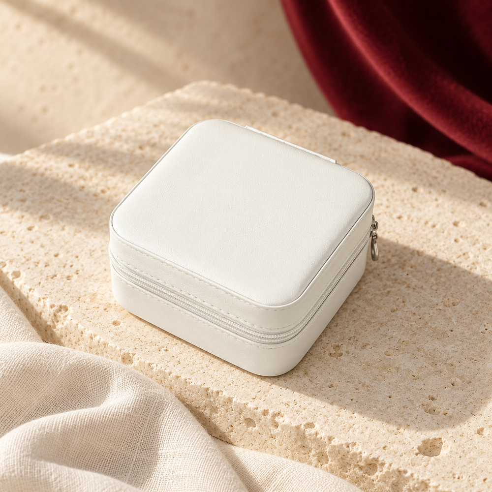 White zippered jewellery case on ivory stone with burgundy fabric