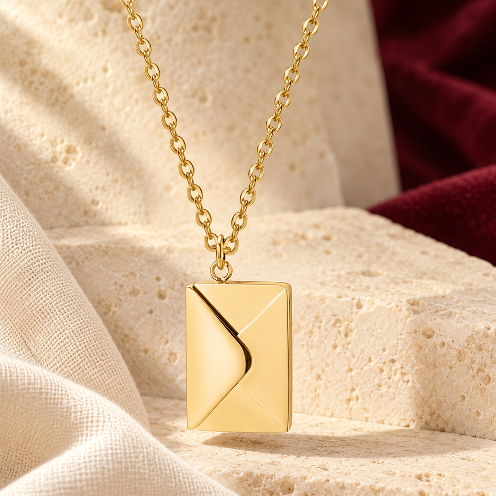 Gold-tone envelope pendant necklace against ivory stone and burgundy fabric